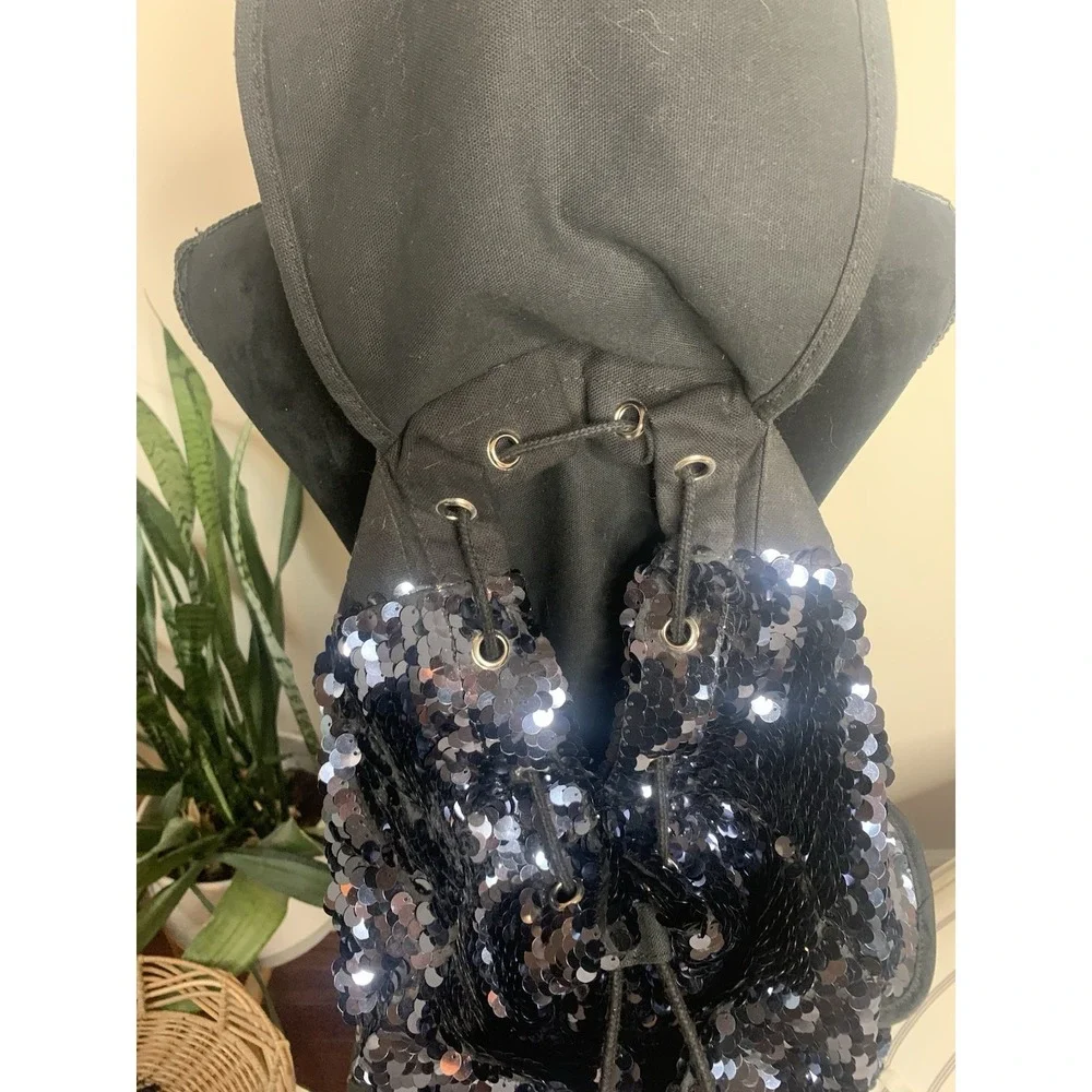 Victoria's Secret PINK Black Sequin Large Backpack Y2K Drawstring Zipper Adjusts